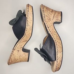 Bjorndal Black Leather Flower Chunky Heel Sandals "Leia"